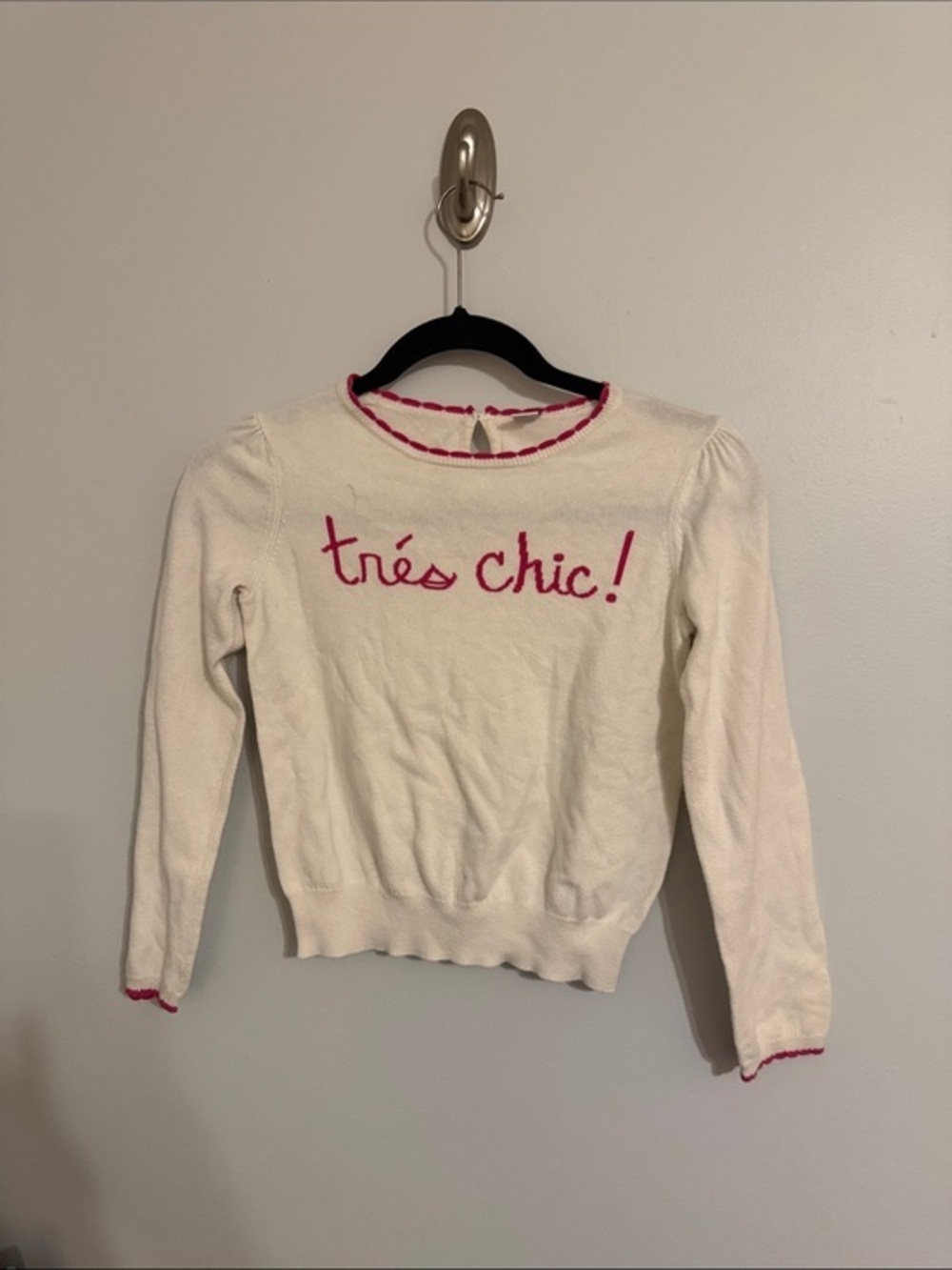 Janie and Jack Cream Sweater with Pink 'trés chic!' Embroidery